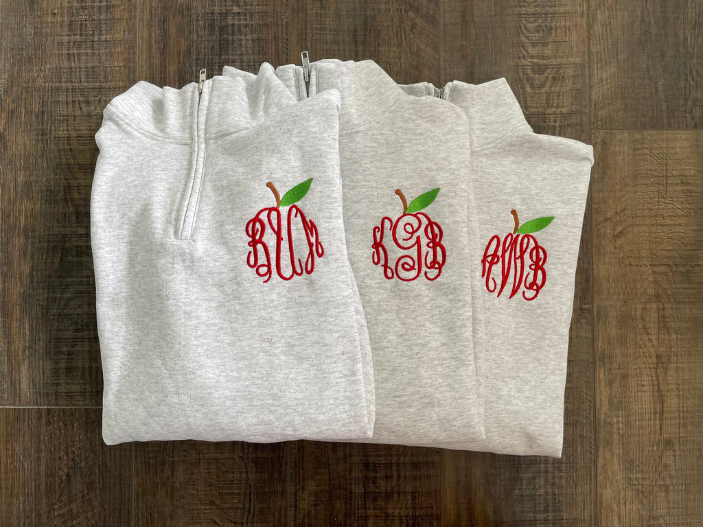 Apple Teacher Monogram Embroidered Quarter Zip  | Ladies Personalized Teacher Apple Pullover | Teacher Gift for Teacher Sweatshirt