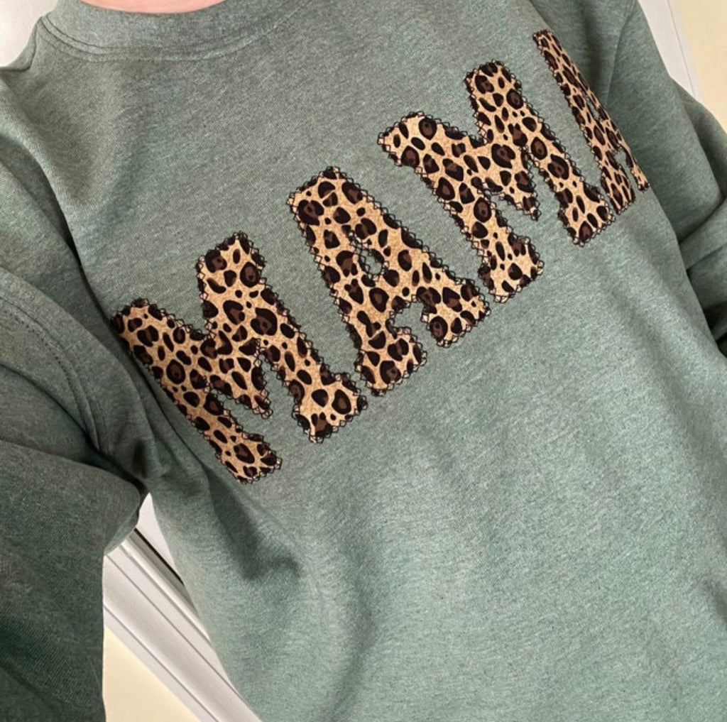 Mama Embroidered Leopard Print Applique on Heather Green Sweatshirt  | Simple Mama Pullover, Gift for Mom, Personalized Cheetah Mama Shirt