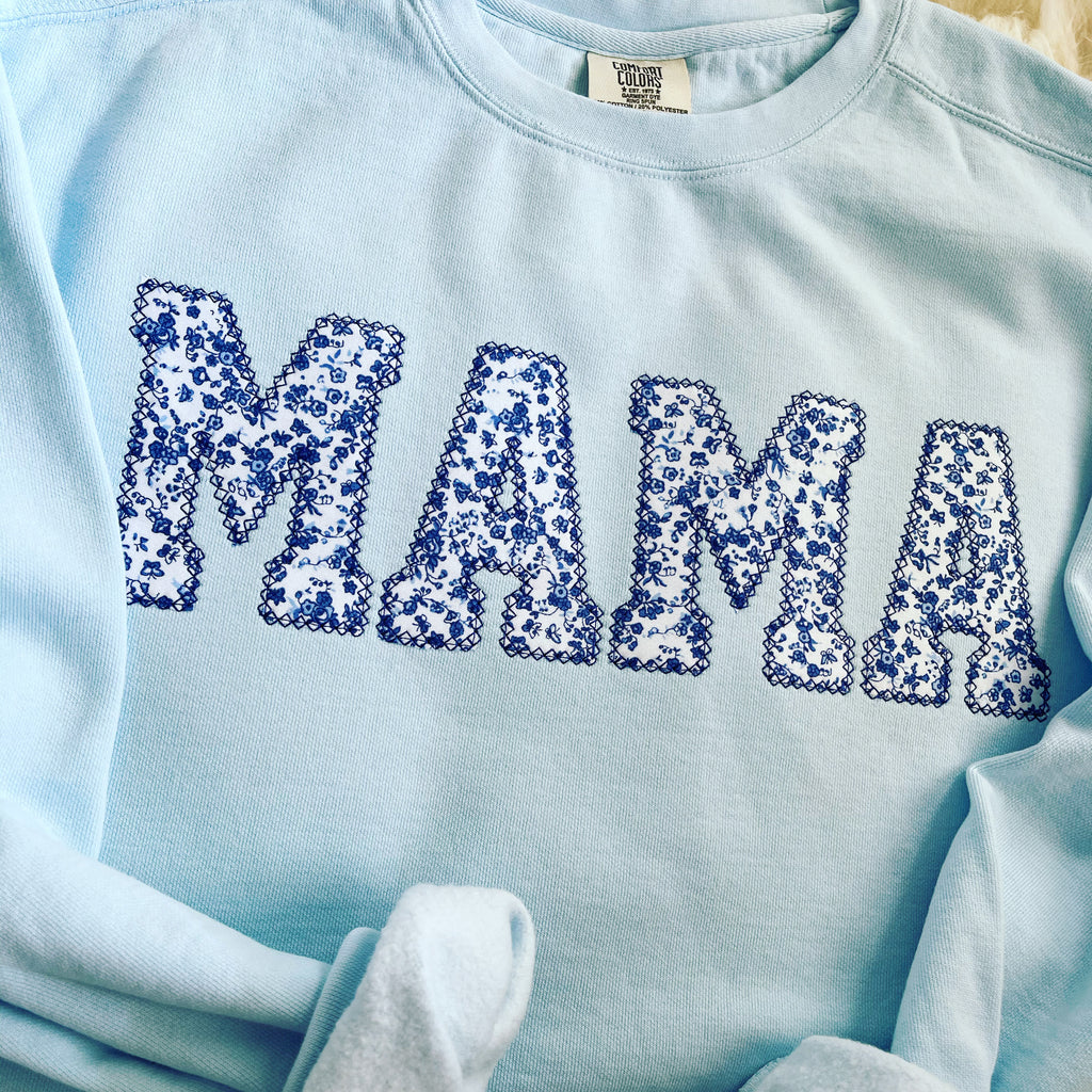 Comfort Colors Mama Blue Floral Applique Embroidered Sweatshirt