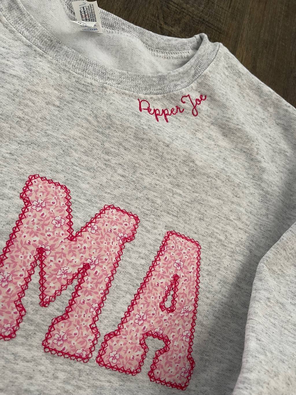 Mama Pink Floral Applique Embroidered Sweatshirt with Name on Collar