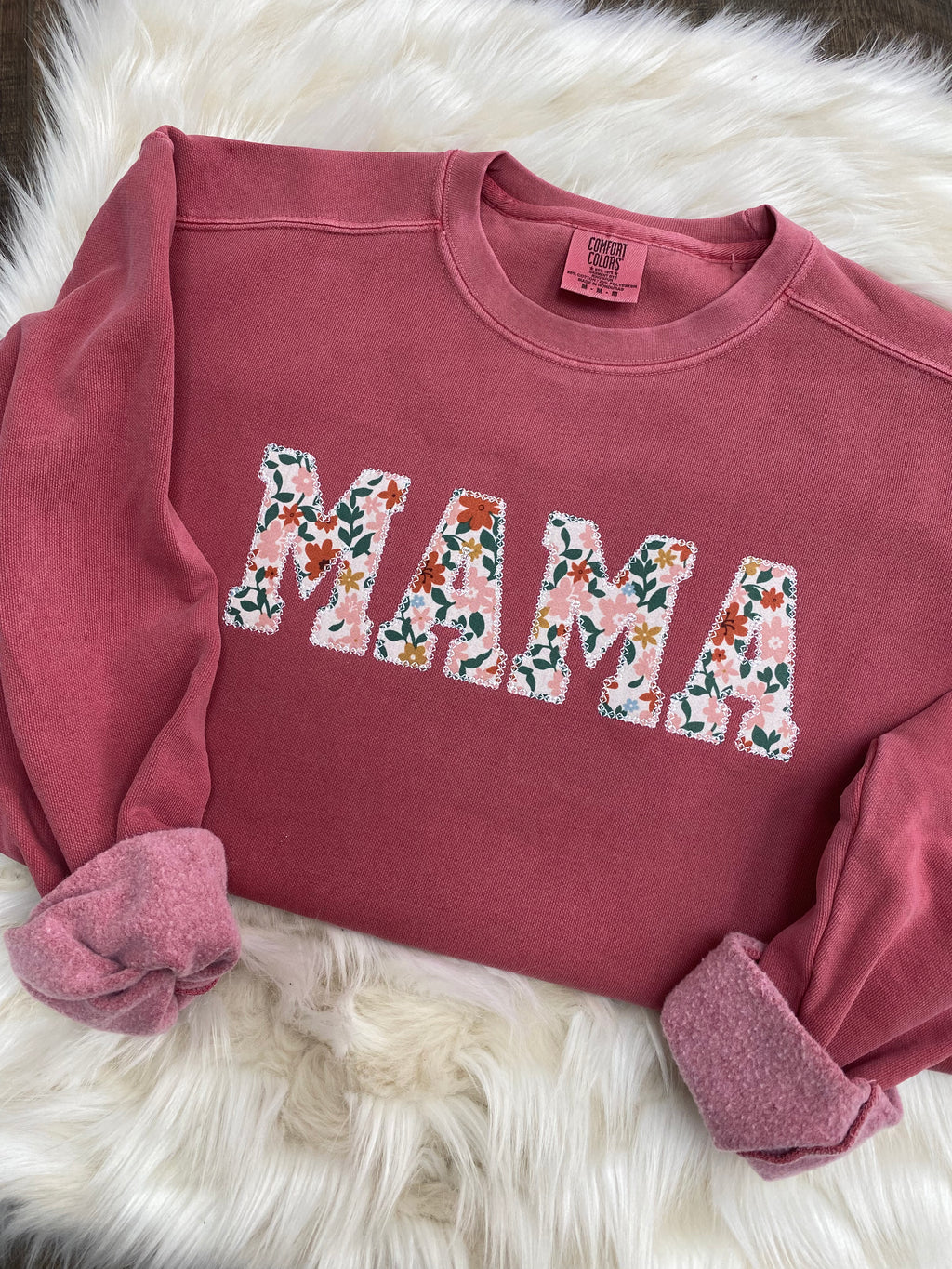 Comfort Colors Mama Embroidered Crimson Fall Floral Applique Sweatshirt