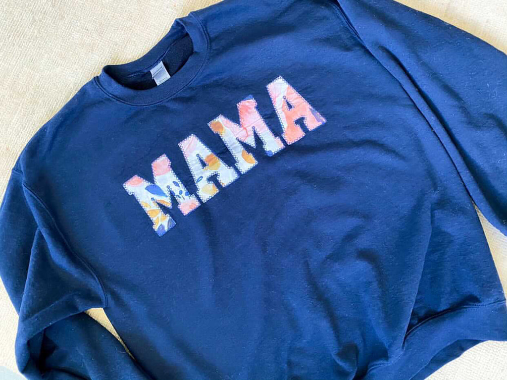 Mama Watercolor Floral Applique Embroidered Navy Sweatshirt