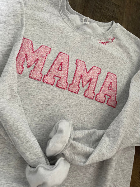 Mama Pink Floral Applique Embroidered Sweatshirt with Name on Collar