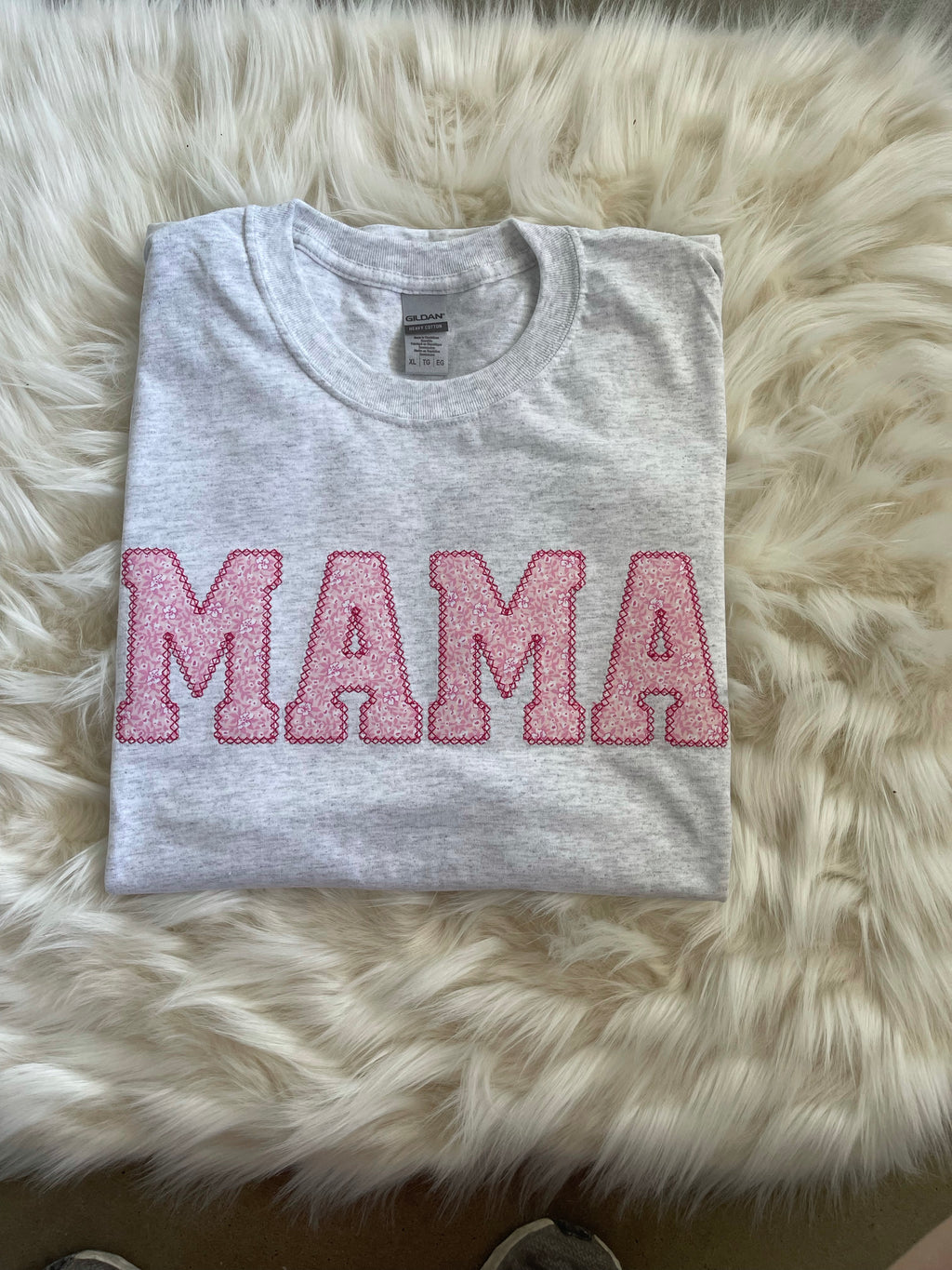 Mama Pink Floral Applique Embroidered T-Shirt