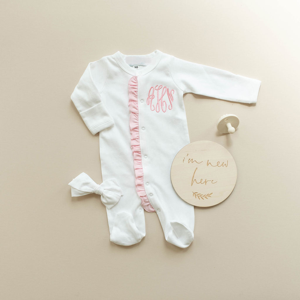 Baby Girl Monogrammed Ruffled Embroidered Footie Sleeper