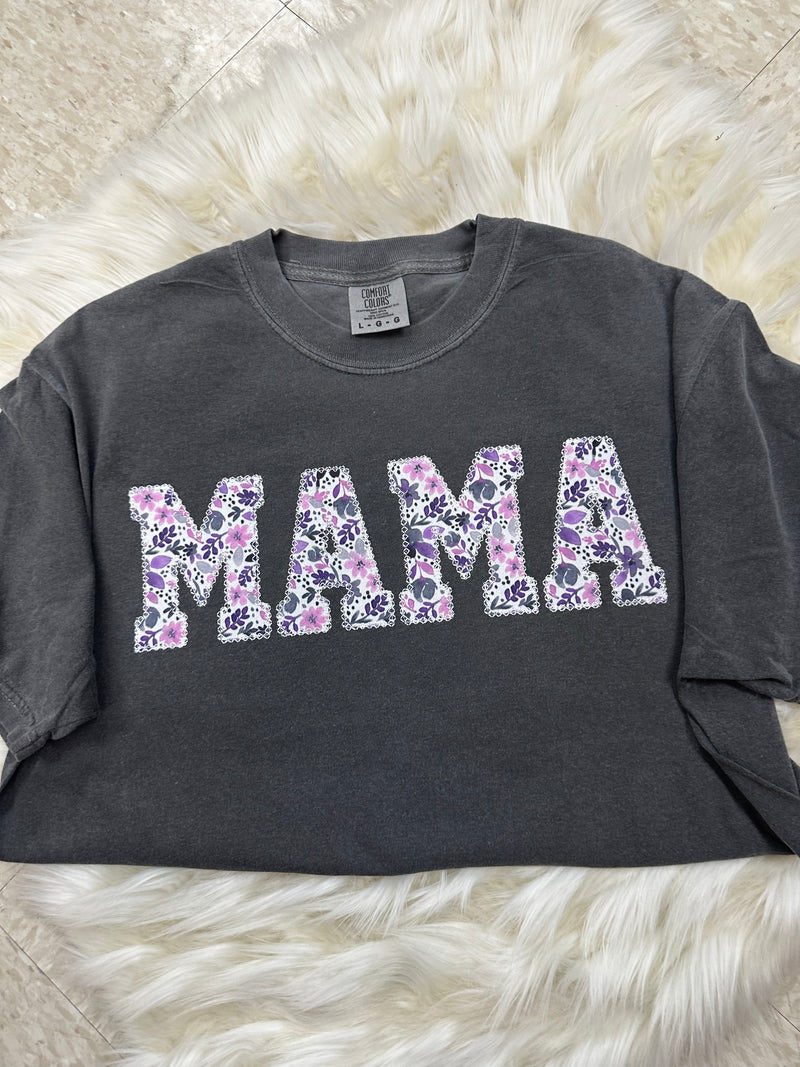 Comfort Colors Mama Embroidered Purple Floral Applique Short Sleeve Shirt  | Simple Mama Top, Gift for Mom, Personalized Mama Shirt