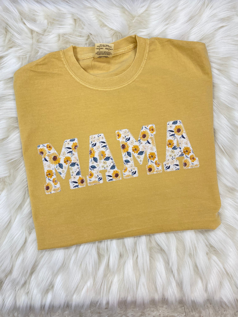 Comfort Colors Mama Embroidered Sunflower Applique Short Sleeve Shirt  | Simple Mama Top, Gift for Mom, Personalized Mama Shirt