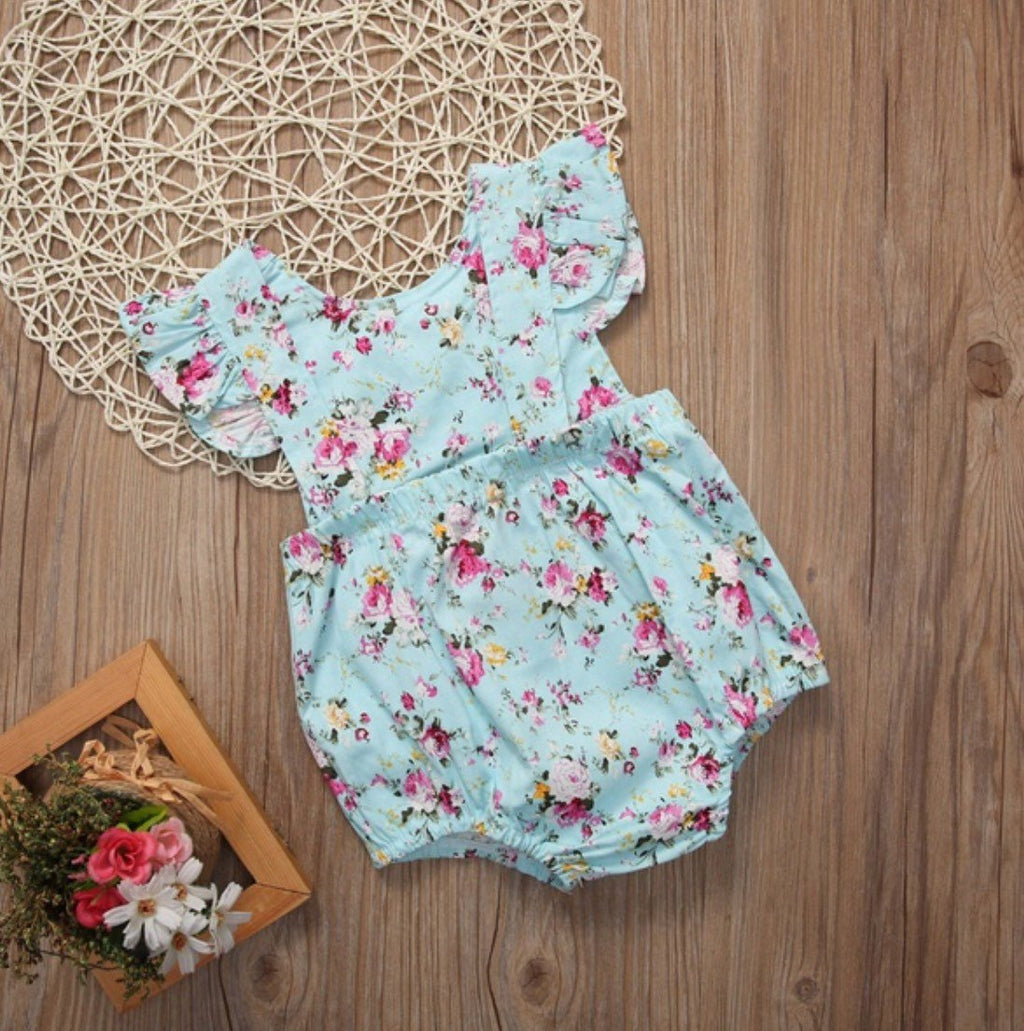 Baby Girl Teal Floral Bubble