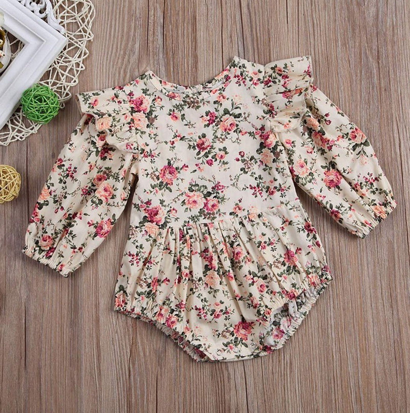 Baby Girl Ruffle Long Sleeve Fall Floral Bubble Romper