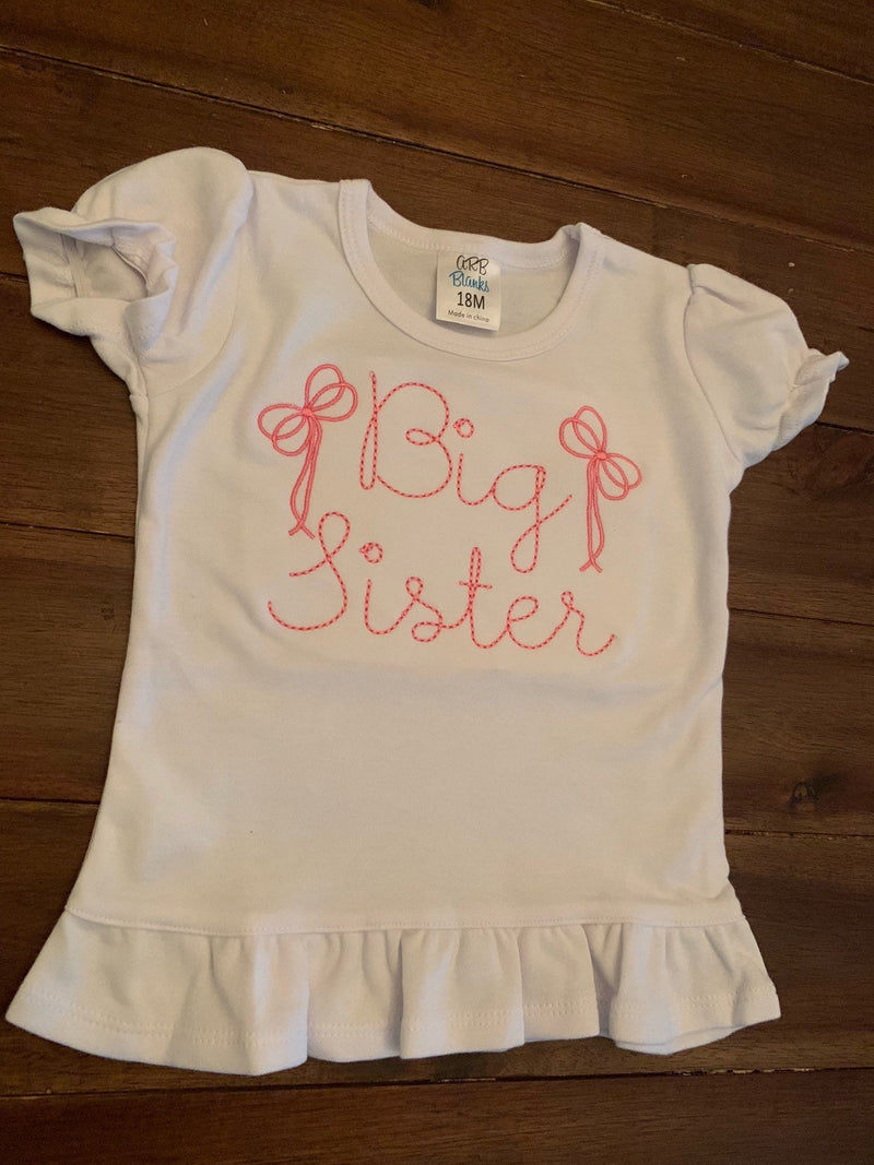 Big Sister Embroidered Ruffled Shirt | Big Sister Little Sister Bow Shirt | Custom Big Sis Big Bro Shirt