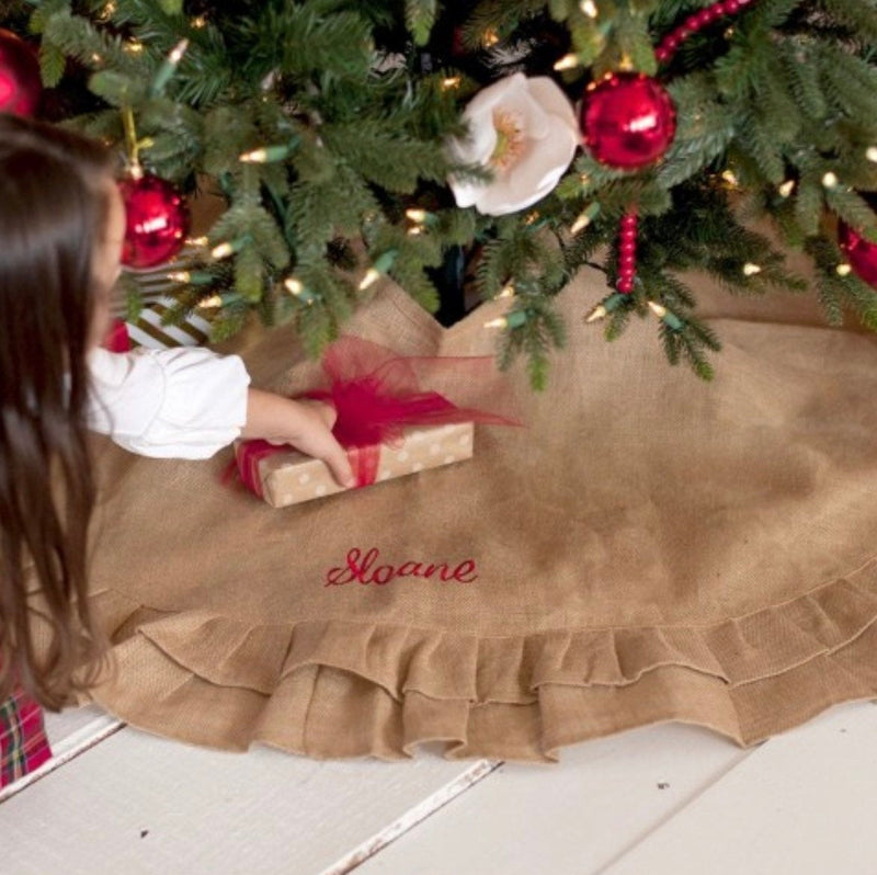Monogrammed Burlap Ruffle Tree Skirt | Personalized Neutral Christmas Tree Base Cover | Embroidered Christmas Tree Skirt Family Name