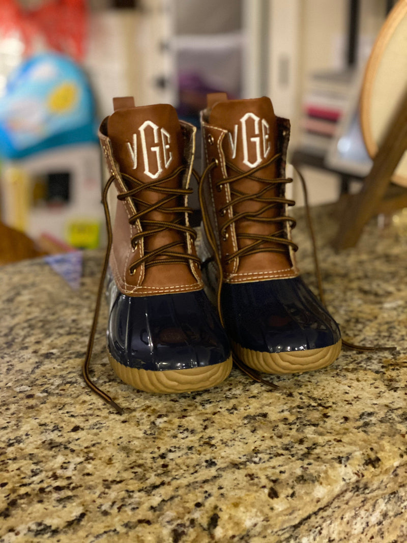 Monogrammed Women’s Duck Boots, Personalized Waterproof Shoes, Embroidered Colored Lace Up Leather Shoes, Brown, Navy, Pink, Teal, Leopard