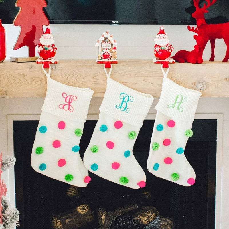 Monogrammed Multi Color Pom Pom Stocking, Personalized Bright Girl Stocking, Embroidered Fun Rainbow Color Family Stockings, Pink Christmas