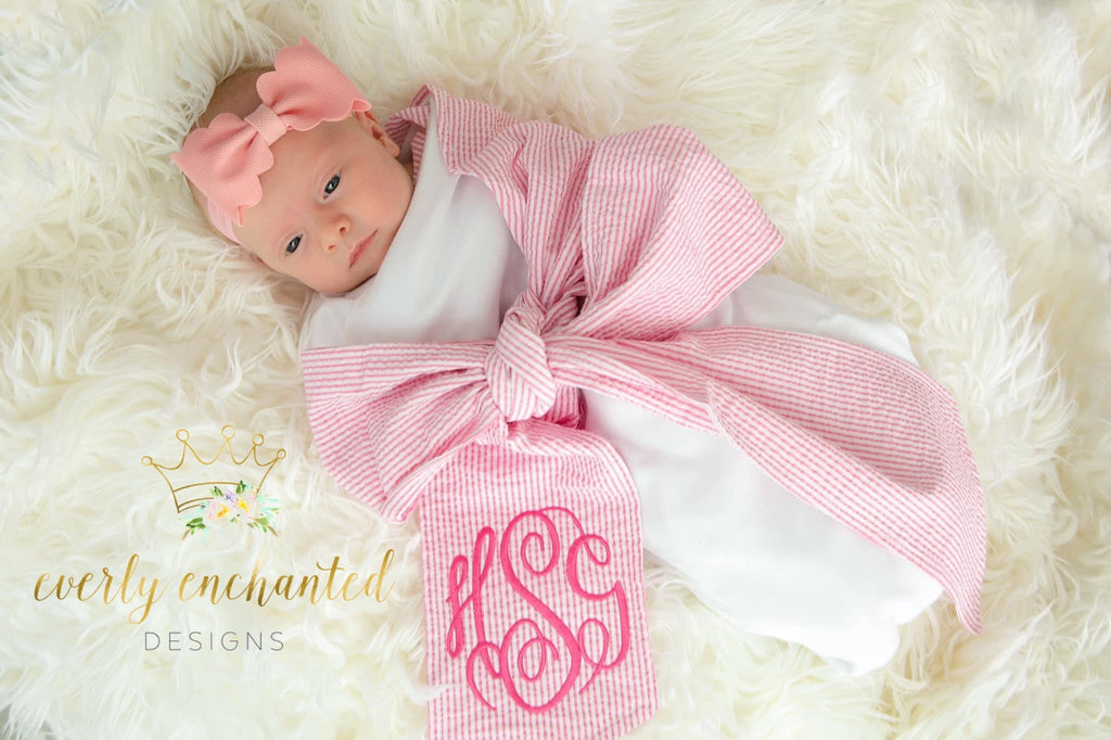 Monogrammed Seersucker Swaddle Wrap Blanket and Sash | Personalized Baby Coming Home Outfit | Monogrammed Bow Baby Gift