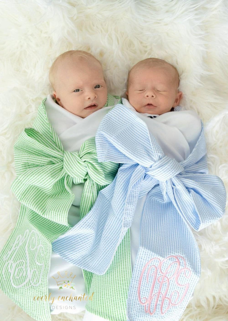 Monogrammed Seersucker Swaddle Wrap Blanket and Sash | Personalized Baby Coming Home Outfit | Monogrammed Bow Baby Gift