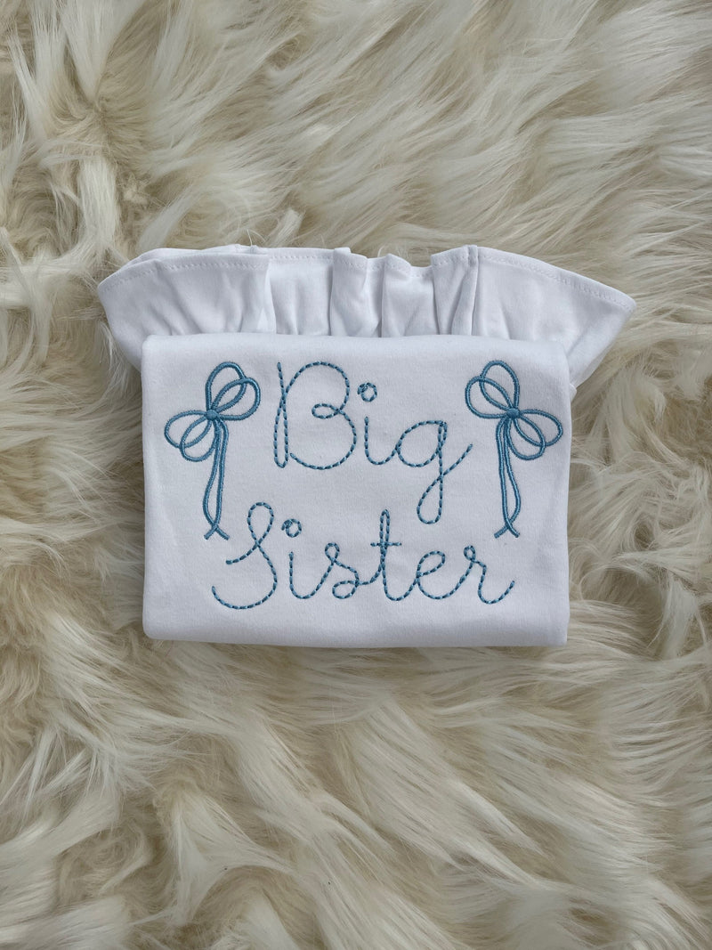 LONG SLEEVE Big Sister Baby Boy Blue Embroidered Ruffled Shirt | Big Sister Little Sister Bow Shirt | Custom Big Sis Big Bro Shirt