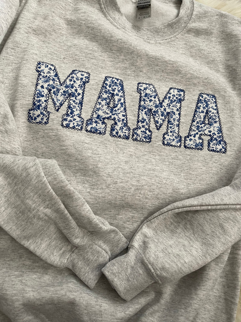 Mama Embroidered Blue Floral Applique Sweatshirt  | Simple Mama Pullover, Gift for Mom, Personalized Mama Shirt