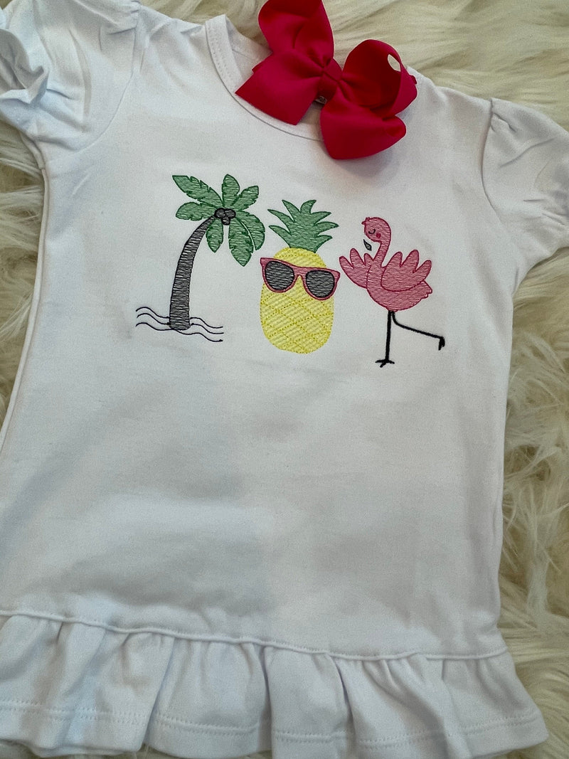 Girls Monogrammed Summer Fun Trio Top  | Girls Embroidered Palm Tree Pineapple Flamingo Beach Top | Monogrammed Girls Ruffled Summer Shirt