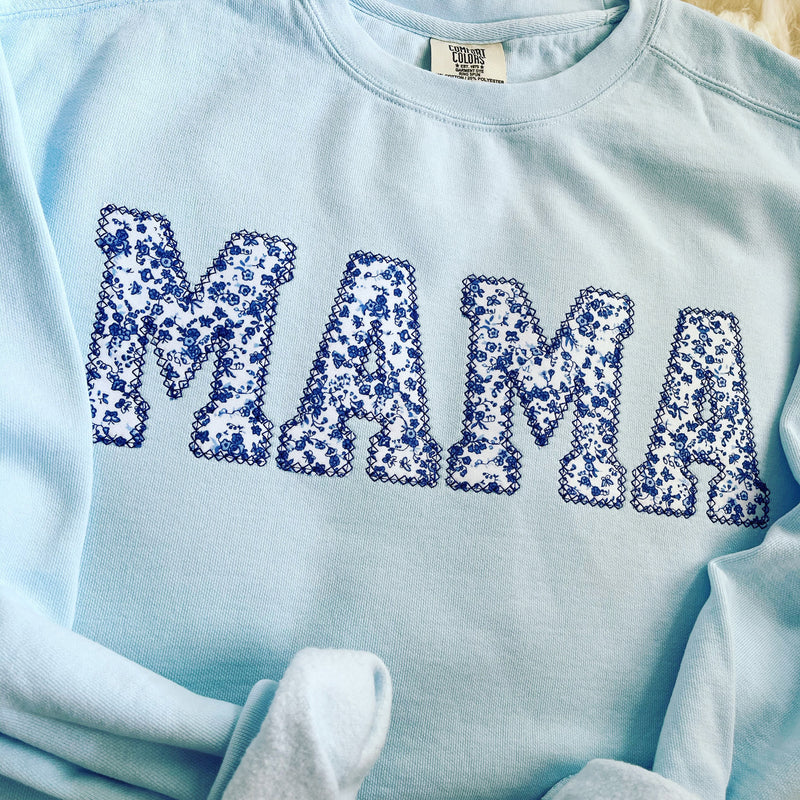 Comfort Colors Mama Embroidered Blue Floral Applique Sweatshirt  | Simple Mama Pullover, Gift for Mom, Personalized Mama Shirt