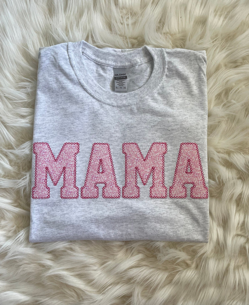 Mama Embroidered Pink Floral Applique T-Shirt  | Simple Mama Top, Gift for Mom, Personalized Mama Shirt