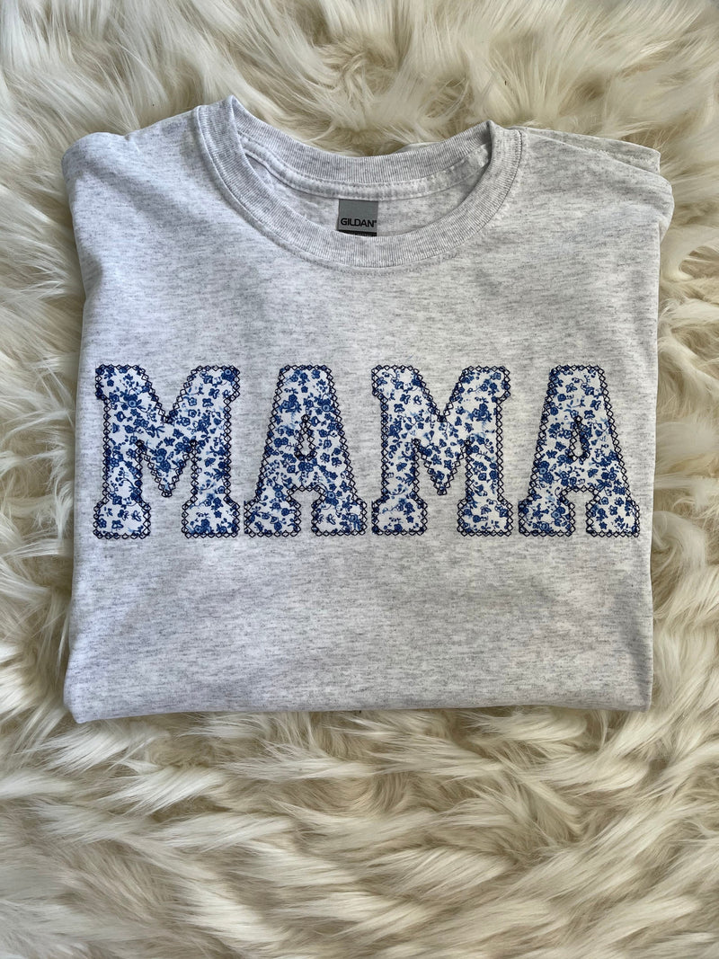 Mama Embroidered Blue Floral Applique T-Shirt  | Simple Mama Top, Gift for Mom, Personalized Mama Shirt