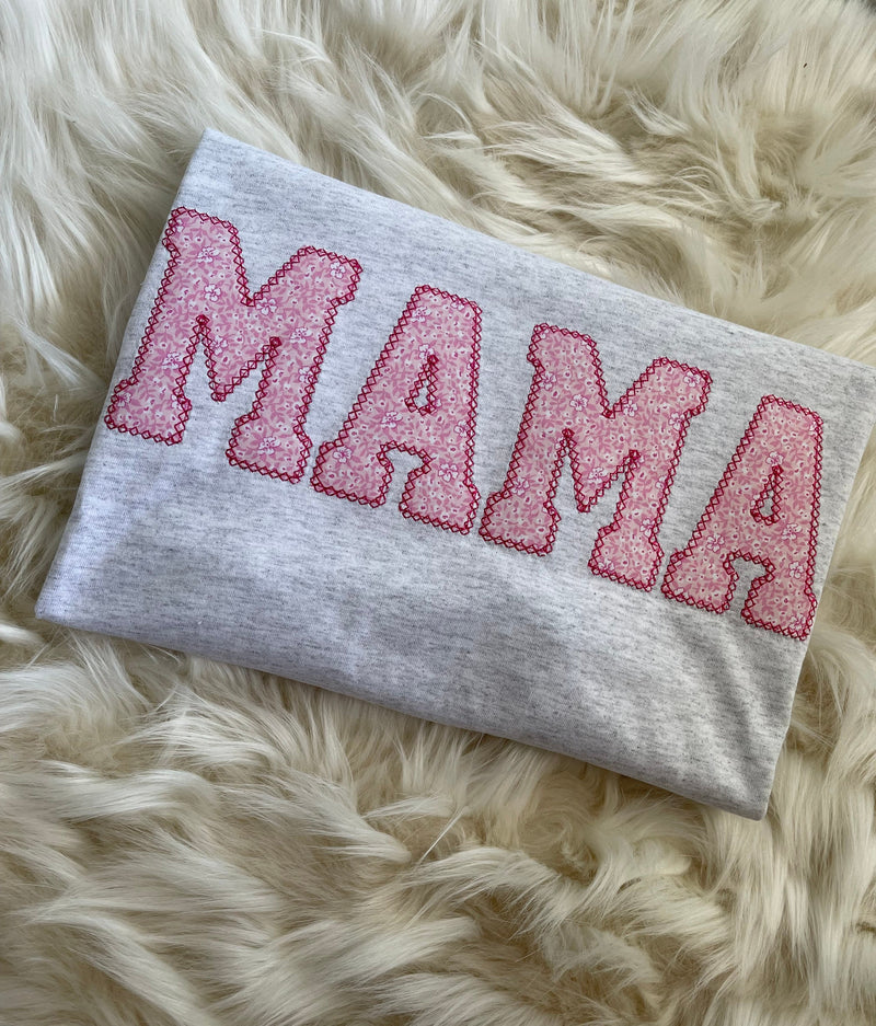 Mama Embroidered Pink Floral Applique T-Shirt  | Simple Mama Top, Gift for Mom, Personalized Mama Shirt