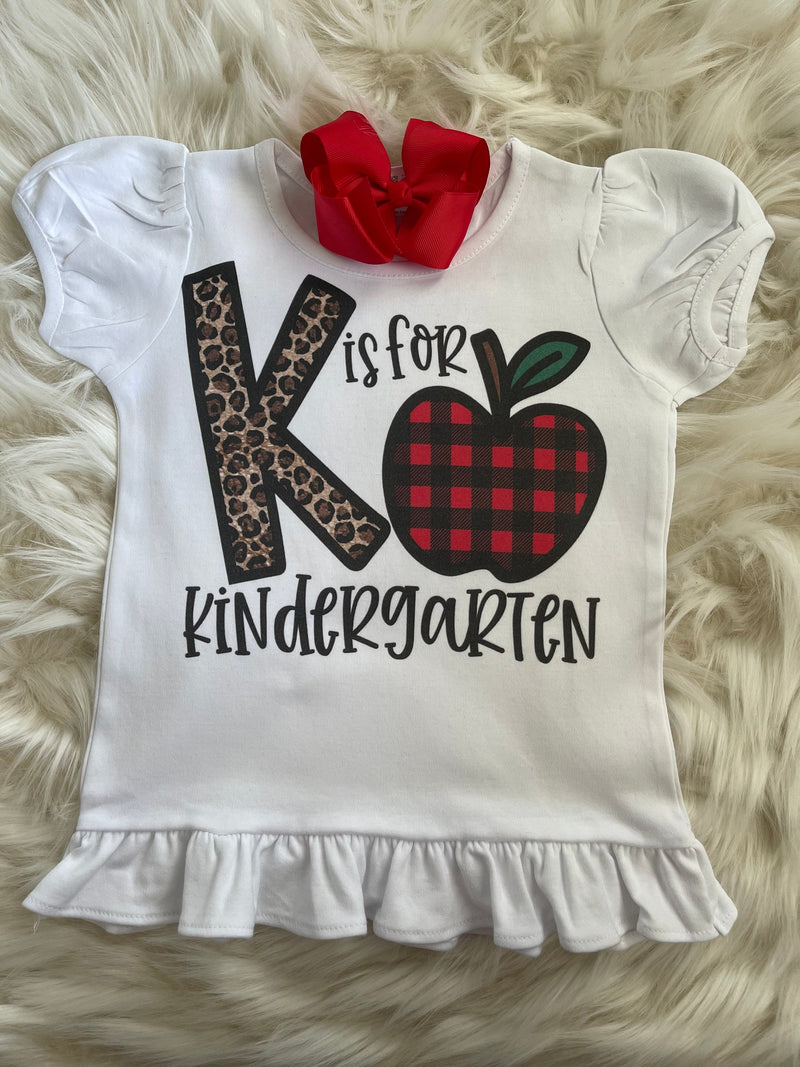 Kindergarten Ruffled Shirt | Girls K is for Kindergarden Leopard Print Graphic Shirt | Direct to Garment DTG Printed Shirt