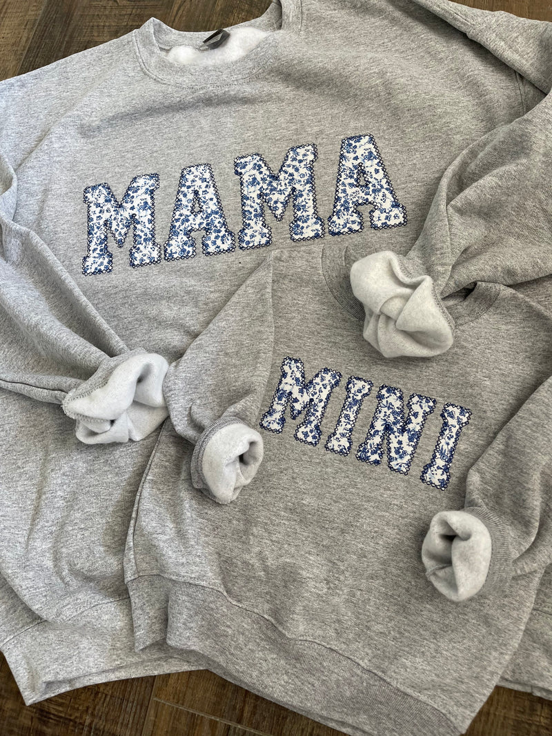 Mama and Me Embroidered Blue Floral Applique Sweatshirt  | Simple Mama Pullover, Gift for Mom, Personalized Mama Shirt