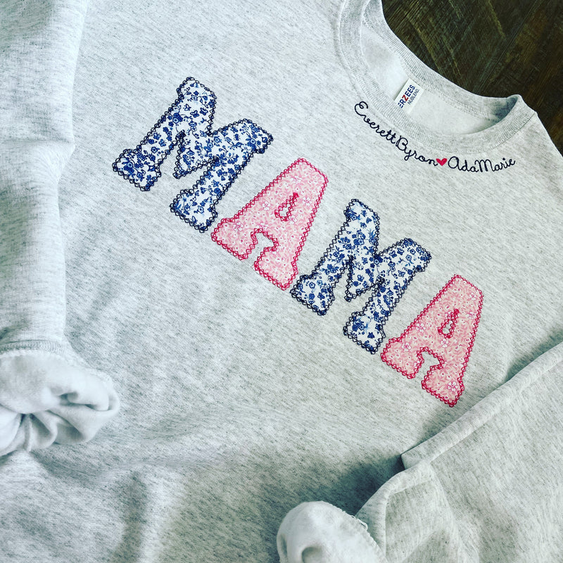 Mama Embroidered Pink and Blue Floral Applique Sweatshirt  | Simple Mama Pullover, Gift for Mom, Personalized Mama Shirt