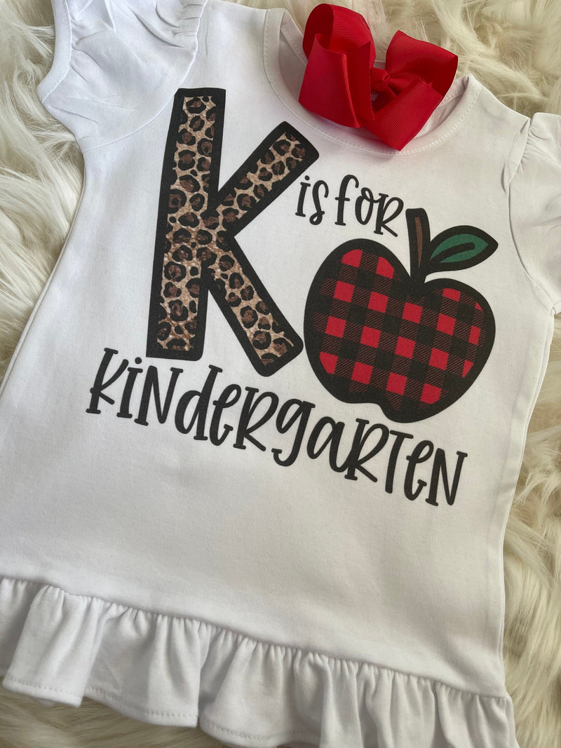 Kindergarten Ruffled Shirt | Girls K is for Kindergarden Leopard Print Graphic Shirt | Direct to Garment DTG Printed Shirt