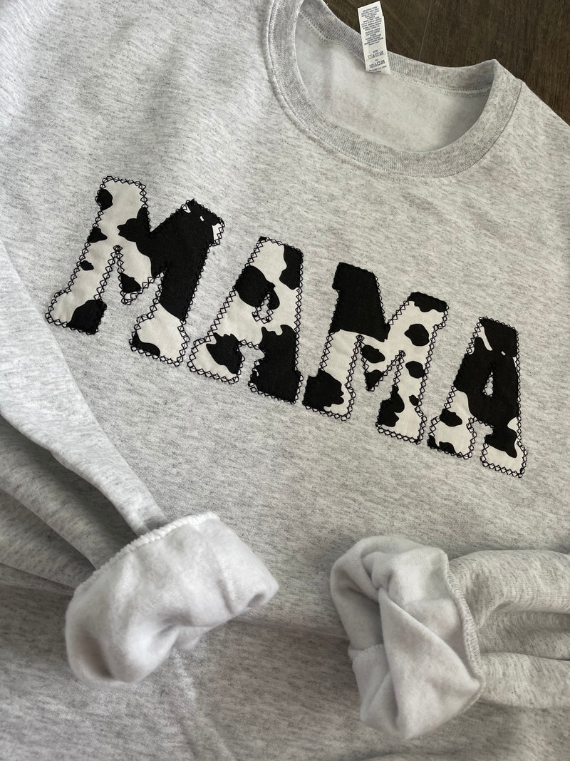 Mama Embroidered Cow Print Applique Sweatshirt  | Simple Mama Pullover, Gift for Mom, Personalized Mama Shirt