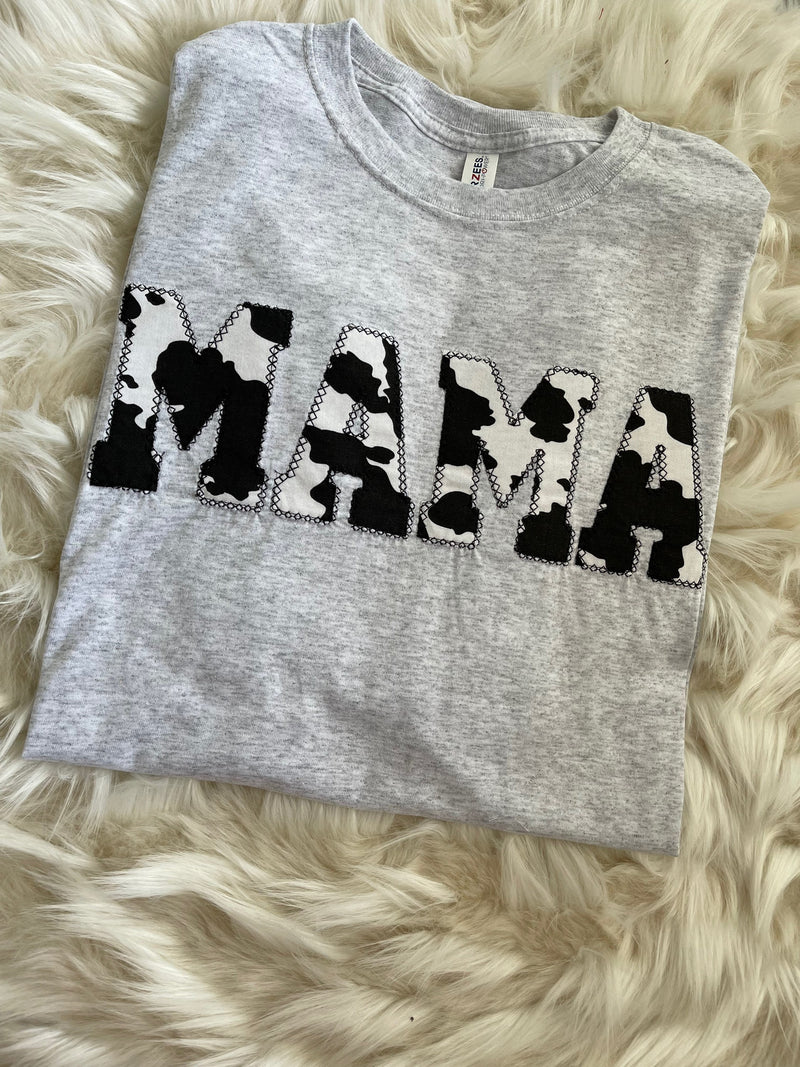 Mama Embroidered Cow Print Applique T-Shirt  | Simple Mama Top, Gift for Mom, Personalized Mama Shirt