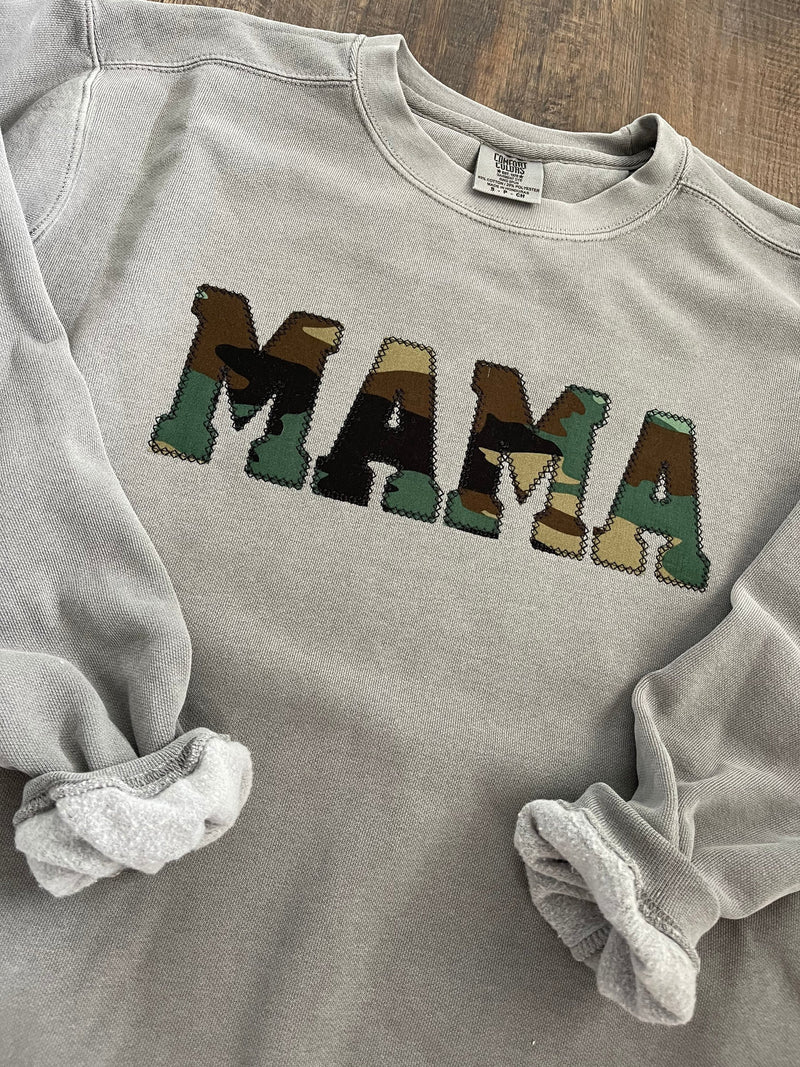 Comfort Colors Mama Embroidered Camo Applique Sweatshirt  | Simple Mama Pullover, Gift for Mom, Personalized Mama Shirt
