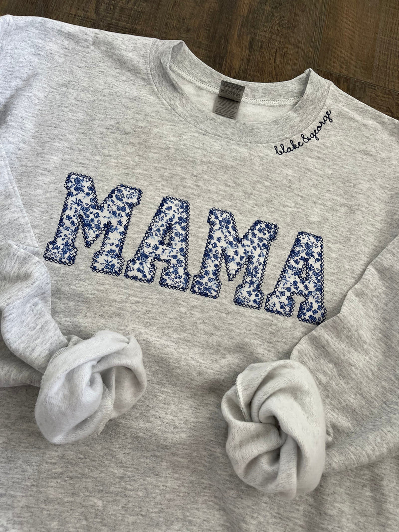 Mama Embroidered Blue Floral Applique Sweatshirt With Children Name  | Mama Pullover with Baby Name Collar, Gift for Mom, Mama Shirt
