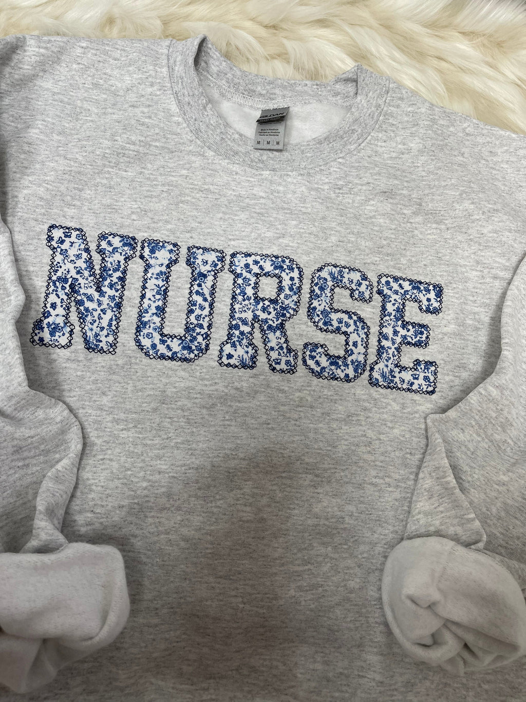 Nurse Embroidered Blue Floral Applique Sweatshirt  | Simple Doctor Pullover, Gift for Medical Field, Personalized RN Shirt
