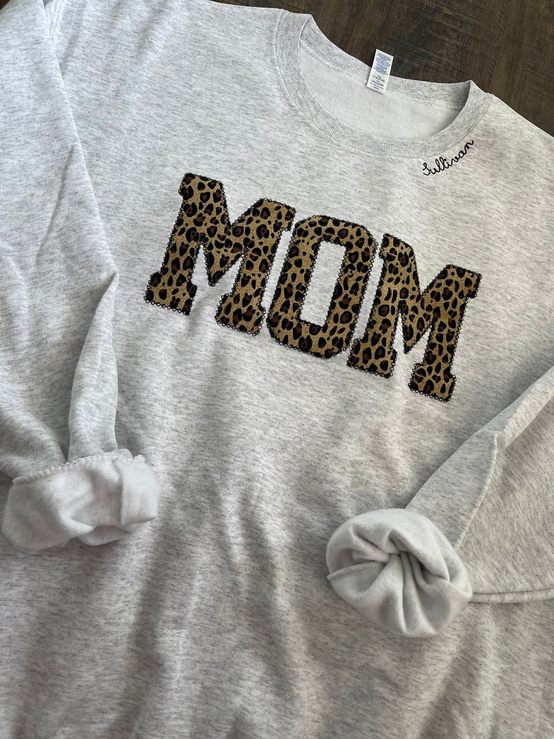 Mom Embroidered Leopard Applique Sweatshirt With Children Name  | Mama Pullover with Baby Name Collar, Gift for Mom, Mom Shirt