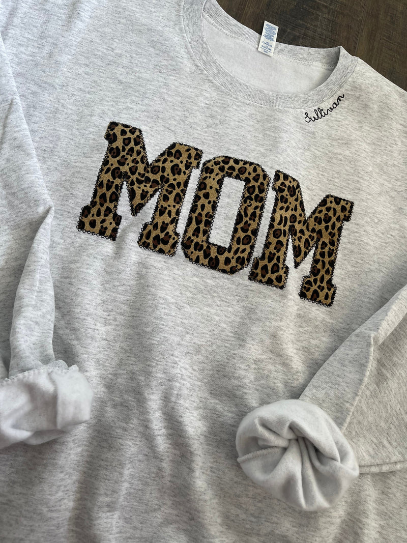 Mom Embroidered Leopard Applique Sweatshirt With Children Name  | Mama Pullover with Baby Name Collar, Gift for Mom, Mom Shirt