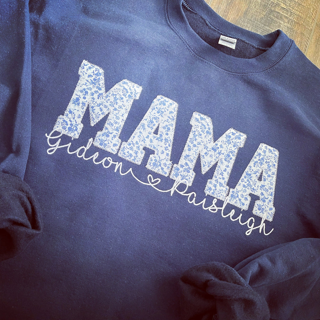 Mama Embroidered Blue Floral Applique Sweatshirt With Children Name  | Mama Pullover with Baby Name, Gift for Mom, Mama Shirt