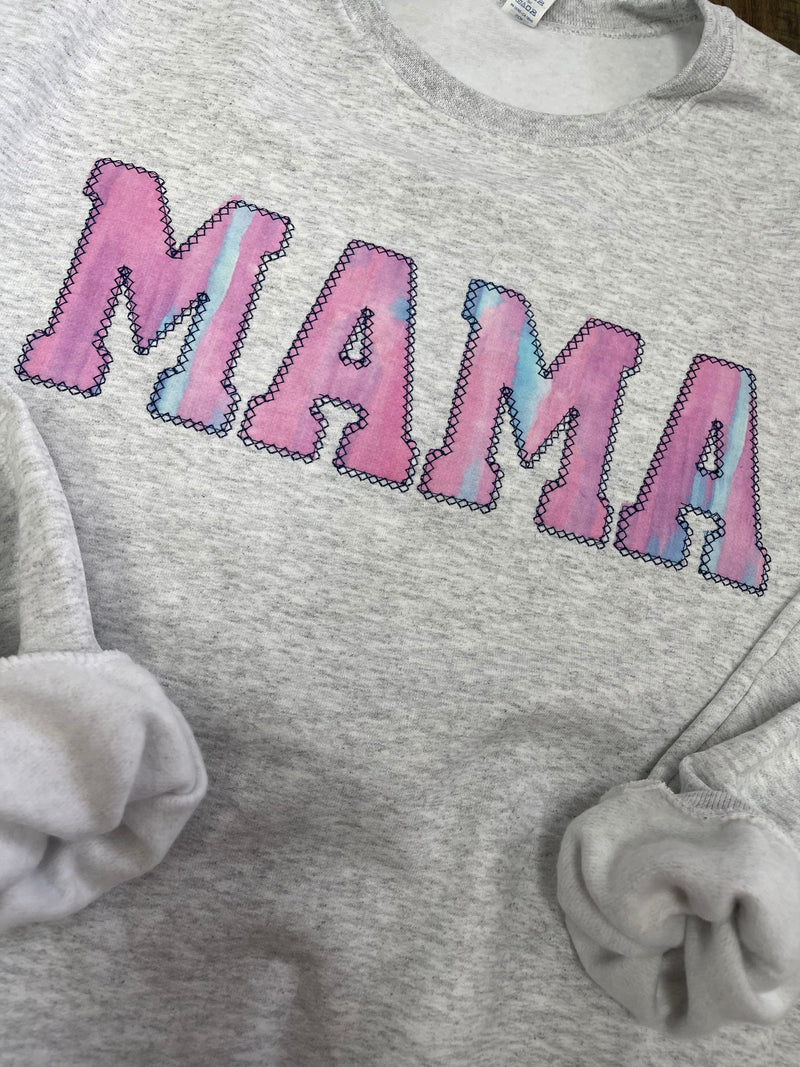 Mama Embroidered Pink Blue Tie Dye Applique Sweatshirt  | Simple Mama Pullover, Gift for Mom, Personalized Mama Shirt