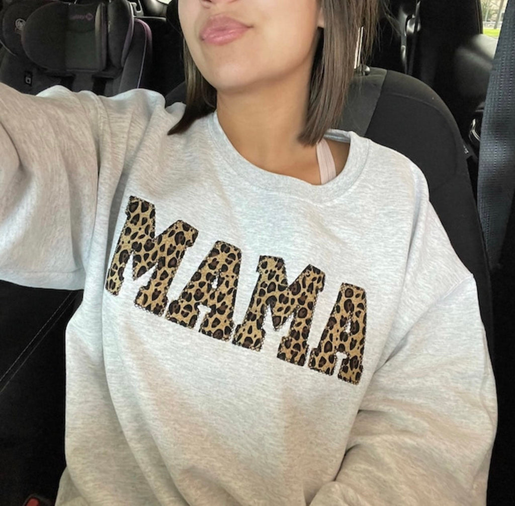 Mama Embroidered Leopard Print Applique Sweatshirt  | Simple Mama Pullover, Gift for Mom, Personalized Cheetah Mama Shirt