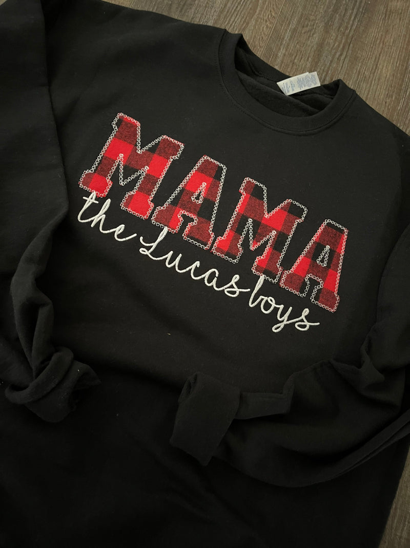 Mama Embroidered Buffalo Plaid Applique Sweatshirt With Children Name  | Mama Pullover with Baby Name, Gift for Mom, Mama Shirt