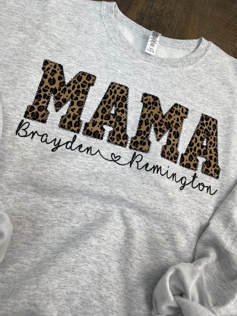 Mama Embroidered Leopard Applique Sweatshirt With Children Name  | Mama Pullover with Baby Name, Gift for Mom, Mama Shirt