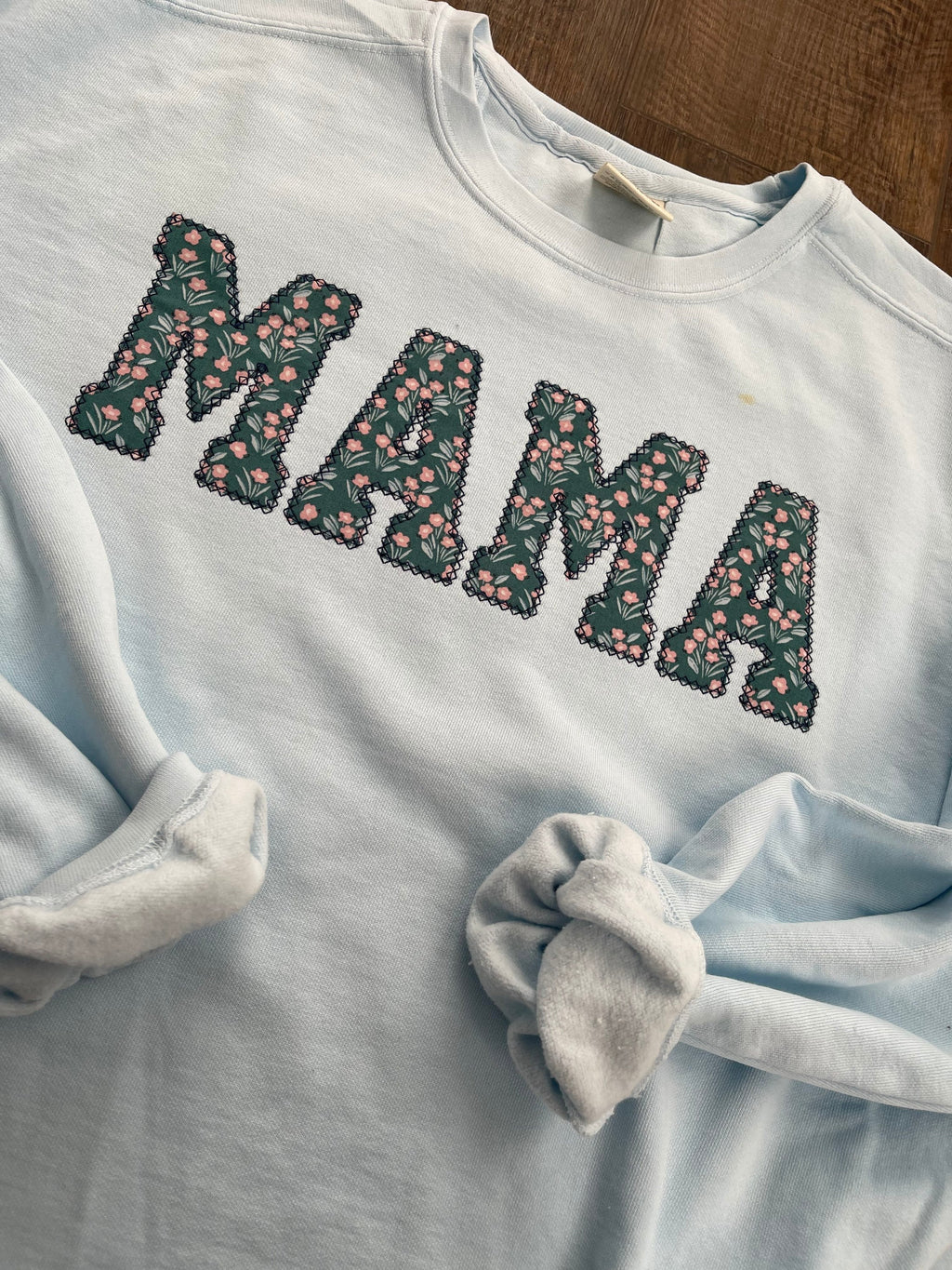 Comfort Colors Mama Embroidered Teal Floral Applique Sweatshirt  | Simple Mama Pullover, Gift for Mom, Personalized Mama Shirt
