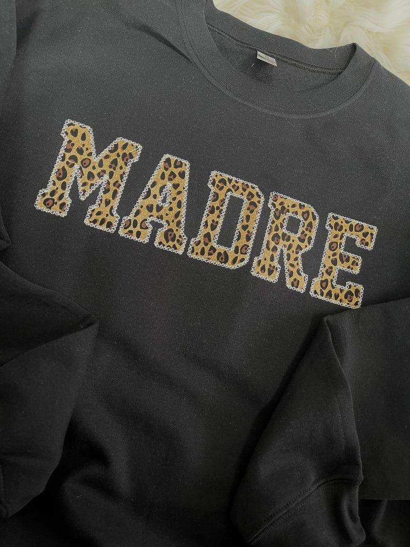 Madre Embroidered Leopard Print Applique Sweatshirt  | Simple Madre Pullover, Gift for Mom, Personalized Cheetah Mama Shirt