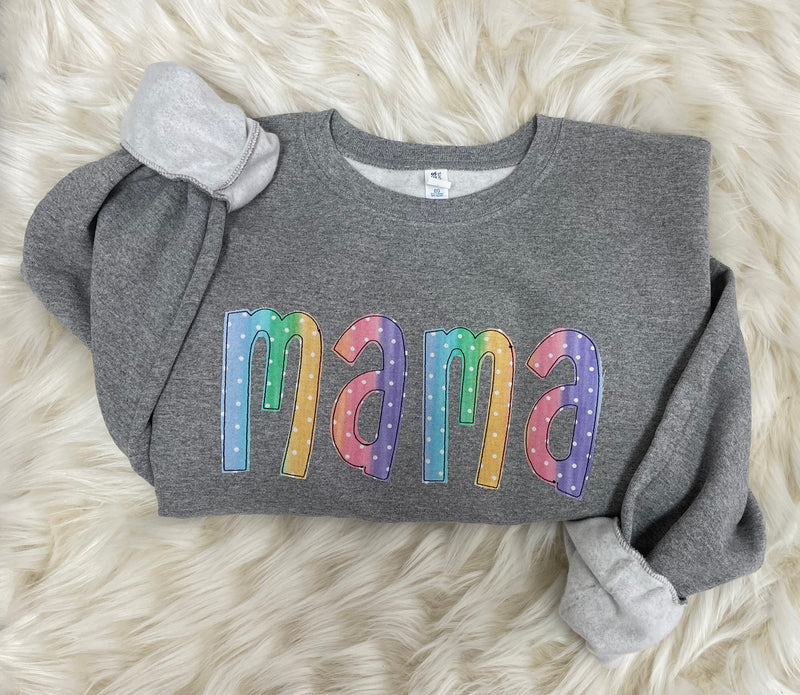 Mama Embroidered Colorful Dot Applique Sweatshirt  | Simple Mama Pullover, Gift for Mom, Personalized Mama, Rainbow on Oxford