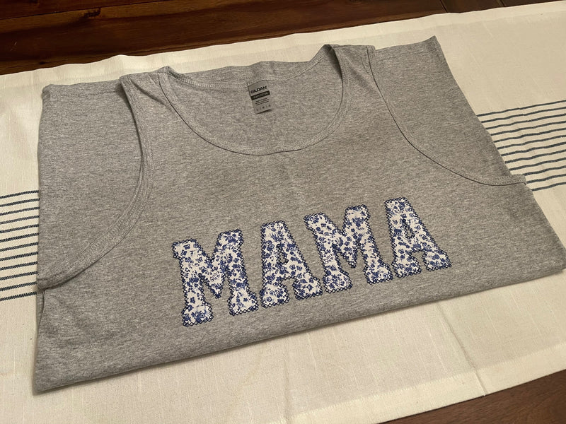 Mama Embroidered Blue Floral Applique Tank Top  | Simple Mama Top, Gift for Mom, Personalized Mama Sleeveless Shirt