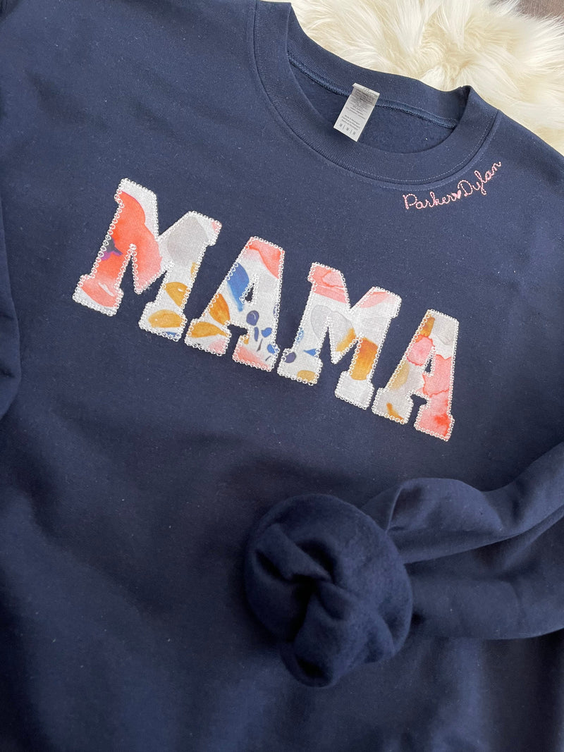 Mama Embroidered Watercolor Floral Applique Sweatshirt With Children Name  | Mama Pullover with Baby Name Collar, Gift for Mom, Mama Shirt