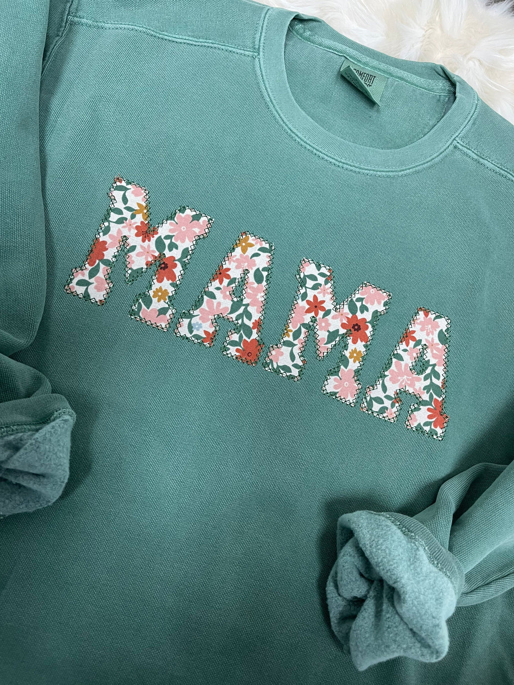 Comfort Colors Mama Embroidered Fall Floral Applique Sweatshirt  | Simple Mama Pullover, Gift for Mom, Personalized Light Green Fall Floral