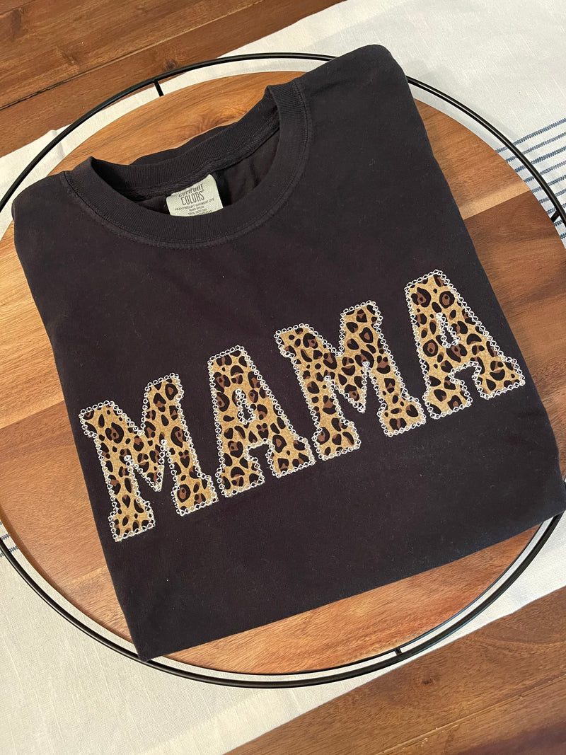 Comfort Colors Mama Embroidered Leopard Applique Short Sleeve Shirt  | Simple Mama Top, Gift for Mom, Personalized Mama Shirt