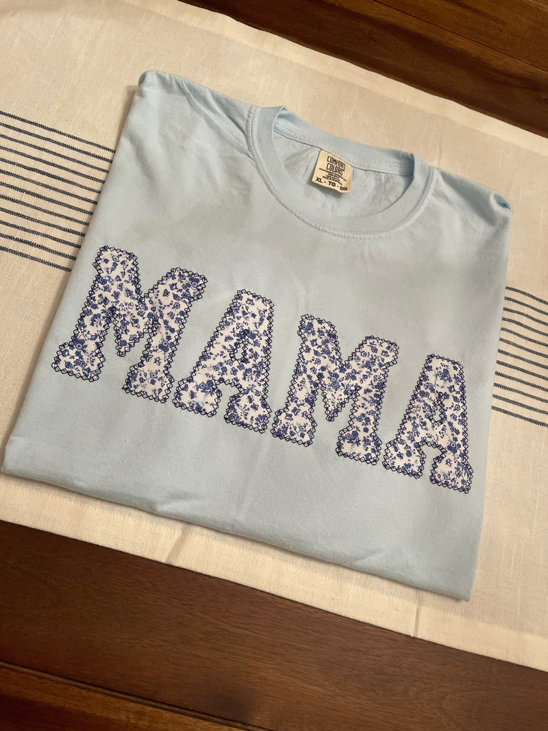 Comfort Colors Mama Embroidered Blue Floral Applique Short Sleeve Shirt  | Simple Mama Top, Gift for Mom, Personalized Mama Shirt